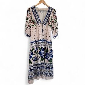 NWT House of Harlow 1960 Cream Blue Floral Macaw Boho Maxi Dress XS